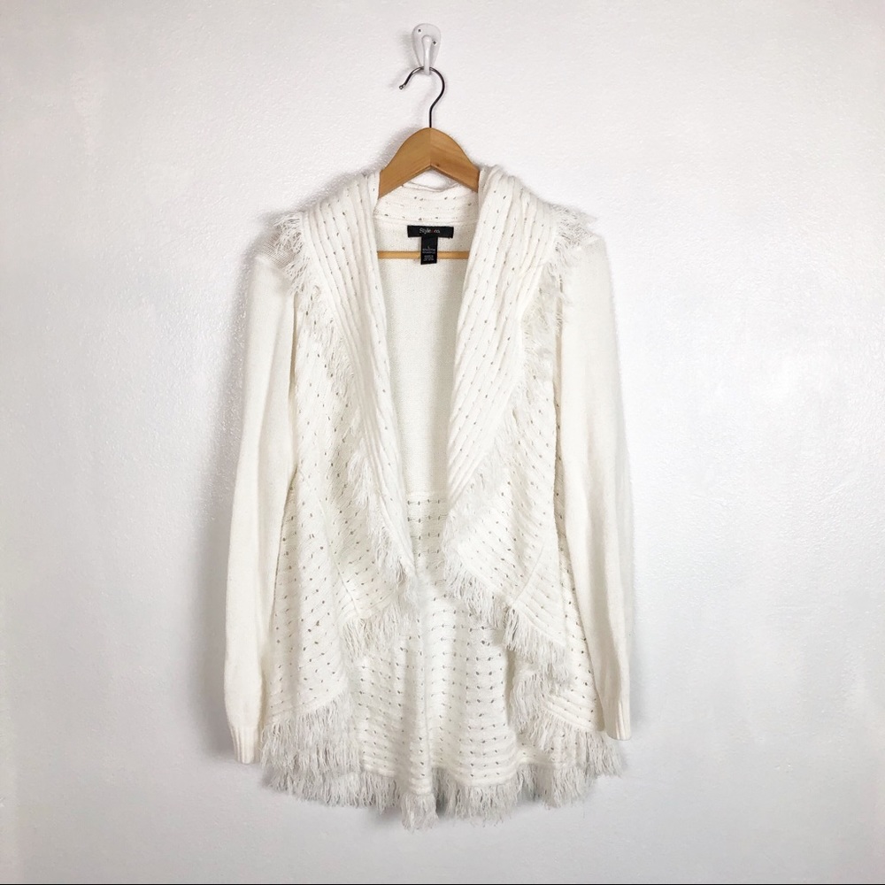 Style & Co white knit fringe open cardigan